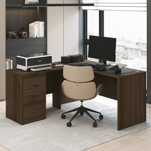 Furinno Roger 60 Inch L-Shaped Executive Desk with File Cabinet, L-Shaped Office Desk with 3-Drawer Fixed Pedestal Filing Cabinet, Desk Cord Grommet, for Home Office, Modern Walnut - color: Modern Walnut, size: 60" Wide, L-shape with File Cabinet