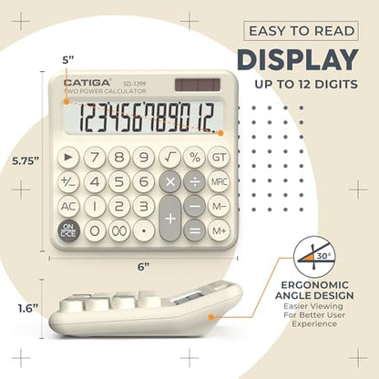 CATIGA Mechanical Switch Calculator with Solar and Battery Dual Power, 12-Digit Large LCD Display, Aesthetic and Cute Desktop Calculator with Big Button, for Home, School and Office Use, SD-1299 - color: Z) Beige