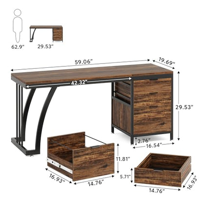 Tribesigns 59 Inch Computer Desk with 3 Drawers, Industrial PC Desk Study Writing Table Workstation with File Storage, Home Office Desks with Large Desktop and Metal Frame, (Rustic Brown) - color: Rustic Brown