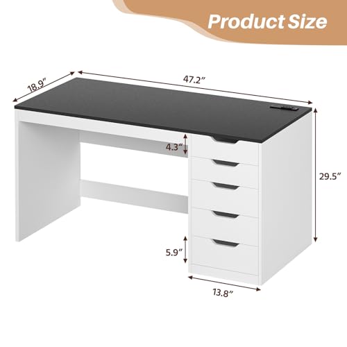 47 Inch Computer Desk with 5 Drawers and Power Outlets for Small Spaces - color: Black and White, size: 47inch-5drawers