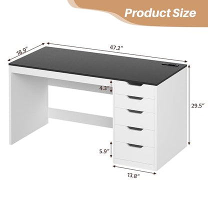 47 Inch Computer Desk with 5 Drawers and Power Outlets for Small Spaces - color: Black and White, size: 47inch-5drawers