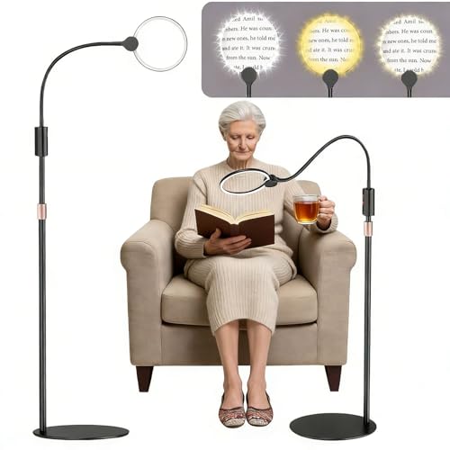 10X Floor Magnifying Glass with Light and Stand,360° Flexible Gooseneck Floor Magnifying Lamp,3 Light Modes,Height Adjustable,Hands Free Magnifier for Reading,Close Work,Craft,Sewing for Seniors