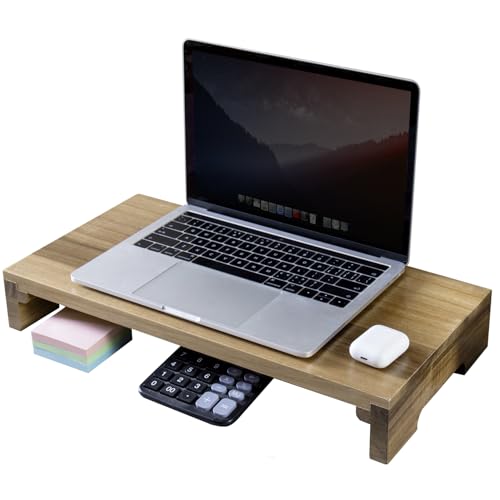 MyGift Premium Acacia Solid Wood Desk Monitor Stand, Laptop Riser & Keyboard Storage – Wooden Desktop Organizer for Screen Display and Workspace Organization