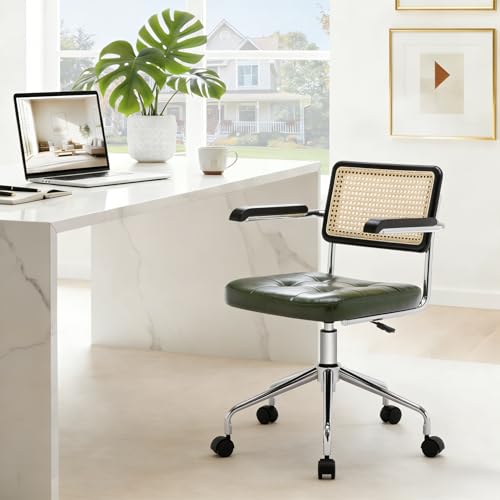 Zesthouse Leather Office Desk Chair with Wheels, Mid Century Rolling Desk Chair with Wood Arm & Natural Rattan Back, Modern Swivel Home Office Chair, Small Height Adjustable Computer Task Chair, Green - color: Green, size: Armrest
