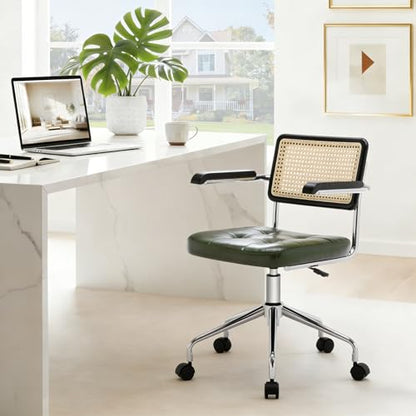 Zesthouse Leather Office Desk Chair with Wheels, Mid Century Rolling Desk Chair with Wood Arm & Natural Rattan Back, Modern Swivel Home Office Chair, Small Height Adjustable Computer Task Chair, Green - color: Green, size: Armrest