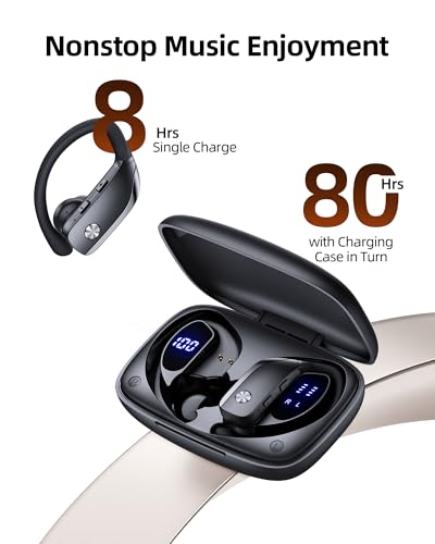 Wireless Earbuds Bluetooth Headphones Over Ear Hooks Ear Buds with 80H Playtime, LED Power Display, Dual Mic Clear Calls, Sports Wireless Ear Buds Bluetooth Earbuds for Running Gym Workout (Black)