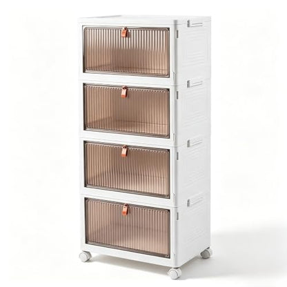 4-Tier Foldable Plastic Drawer Storage with Wheels,Stackable Storage Bins with Lid,Organization and Storage Boxes for Kitchen,Cloakroom,Closet,Living Room,Office and Dorm - size: 17.13''