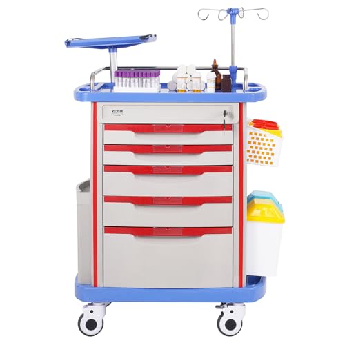 VEVOR Medical Crash Cart, Nursing Emergency Rolling Cart with 5 Drawers & 4 Silent Wheels, Adjust IV Pole, Needle Disposal Holder, Trash Bin, O2 Holder, Mobile Trolley for Hospital, Clinic, Lab, Salon - color: Grey + Blue