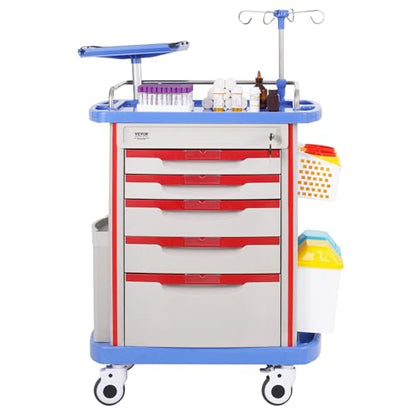 VEVOR Medical Crash Cart, Nursing Emergency Rolling Cart with 5 Drawers & 4 Silent Wheels, Adjust IV Pole, Needle Disposal Holder, Trash Bin, O2 Holder, Mobile Trolley for Hospital, Clinic, Lab, Salon - color: Grey + Blue