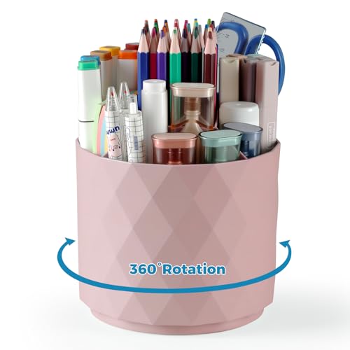 Desk Pencil Pen Holder, 5 Slots 360-Degree Rotating Desk Organizer, Diamond Pattern Desktop Storage Stationery Supplies Organizer, Cute Desk Accessories for Office, School, Home, Art Supply (Pink)