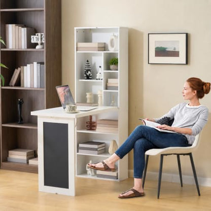 Wall Mount Foldable Writing Desk for Bedroom & Home Office (White) | Wall Desk, Wall Mount Foldable Desk with Bookshelf & Chalkboard, Space Saving Fold Down Floating Workstation - color: White