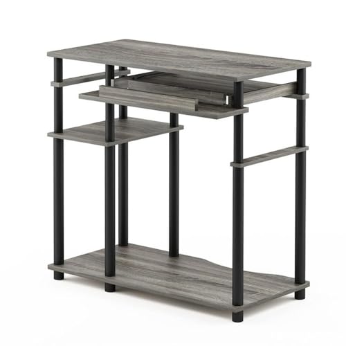 Pemberly Row Wood Computer Desk with Bookshelf, French Oak Gray and Black Finish, Durable Engineered Wood, Sliding Keyboard Tray, Side Shelves, Compact Space-Saving Design for Apartments or Dorm Rooms