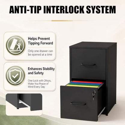 2 Drawer File Cabinet with Lock, 25.6" H Small File Cabinet - color: Black, size: 25.6"H - 2 Drawer
