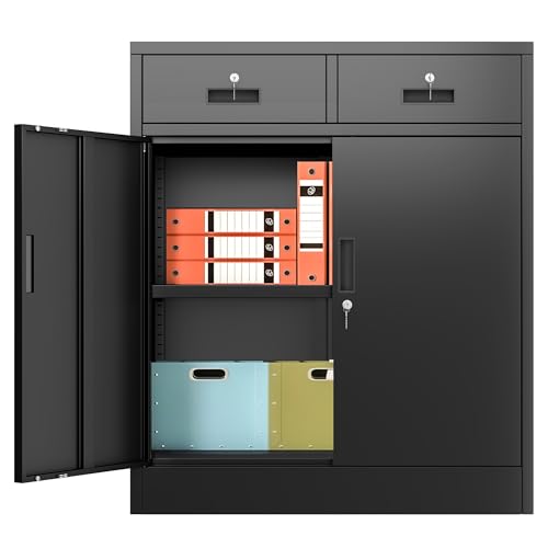 CMY Metal Storage Cabinet, Locking Storage Cabinet with Two Drawers, 36" H Steel Cabinets with Adjustable Shelf for Office, Garage, Home-Black - color: Black-2 Drawers, size: 36" H