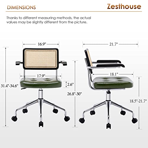 Zesthouse Leather Office Desk Chair with Wheels, Mid Century Rolling Desk Chair with Wood Arm & Natural Rattan Back, Modern Swivel Home Office Chair, Small Height Adjustable Computer Task Chair, Green - color: Green, size: Armrest