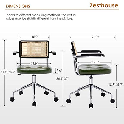 Zesthouse Leather Office Desk Chair with Wheels, Mid Century Rolling Desk Chair with Wood Arm & Natural Rattan Back, Modern Swivel Home Office Chair, Small Height Adjustable Computer Task Chair, Green - color: Green, size: Armrest