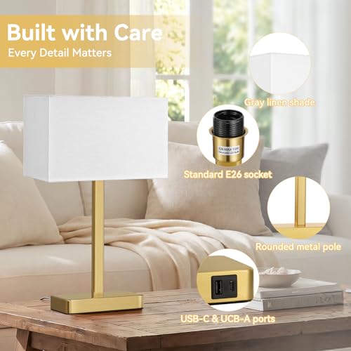 Hong-in Touch Lamps for Bedroom, Bedside Table Lamps Set 2, D. White&Gold | Modern Table Lamp for Nightstands, Desk Lamp for Bedroom, with USB C+A, End Tables Bed Side, Bulb Included, 3 Way Dimmable - color: D. White&Gold