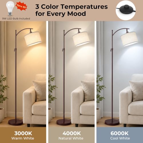 JUNNAI Modern Brown Floor Lamp Adjustable Height 55-63in 3 CCT 9W LED Bulb - color: Brown+Beige Shade-Arc