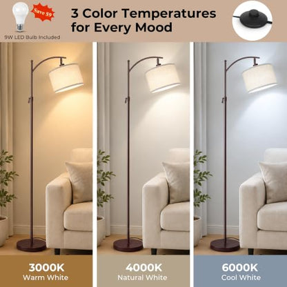 JUNNAI Modern Brown Floor Lamp Adjustable Height 55-63in 3 CCT 9W LED Bulb - color: Brown+Beige Shade-Arc