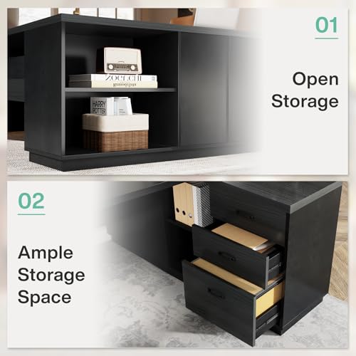 Tribesigns 78" L-Shaped Executive Desk, Large Modern Office Desk with Drawers and Lateral File Cabinet, Business Furniture with Storage Shelves, Big Computer Desk for Home Office (Grey + Blcak) - color: Grey + Blcak