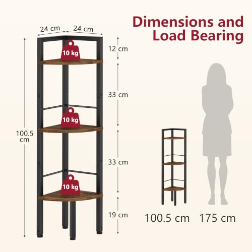 Tajsoon Corner Shelf Stand 3 Tier 39.5" with Metal Frame, Rustic Brown - color: Rustic Brown, size: 3 Tier