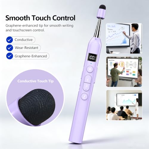 N21 Bluetooth Presentation Clicker for PowerPoint with Retractable Pointer | ①Laser Pointer②Telescopic touch pen③Countdown timer, vibration alert ④Customizable Button ⑤Rechargeable;battery level display - color: Purple - Green Pointer