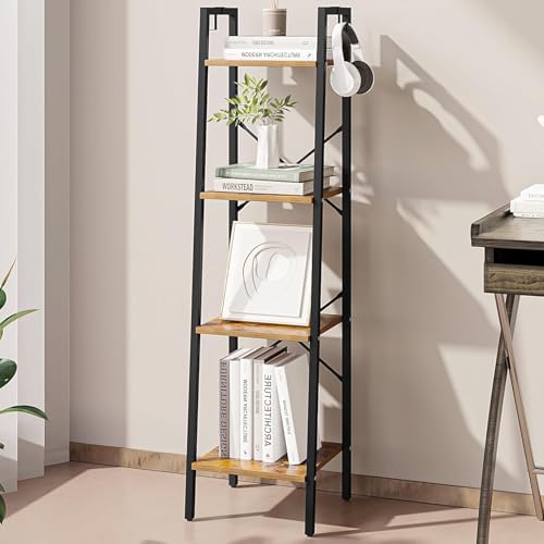Hzuaneri Ladder Shelf, Bookshelf, Freestanding Corner Storage Shelf | Bookcase with 2 Hooks for Office, Living Room, Kitchen, Bedroom, Industrial, 11.8"D x 13.4"W x 47.2"H, Rustic Brown BC13201B - color: Rustic Brown, size: 11.8"D x 13.4"W x 47.2"H