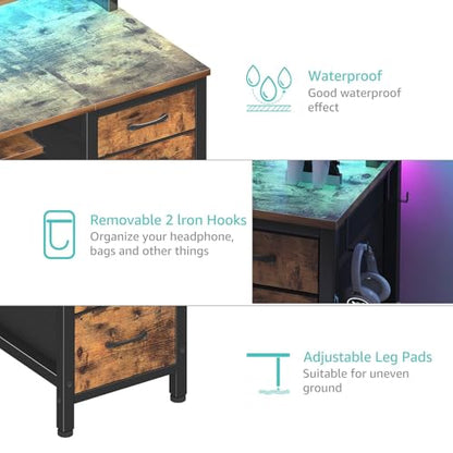 Lufeiya Gaming Desk with LED Lights and Power Outlets, 47 Inch Home Office Desks with Keyboard Tray, Computer Desk with File Drawers Cabinet, Writing Table PC Desks with Monitor Stand, Rustic Brown