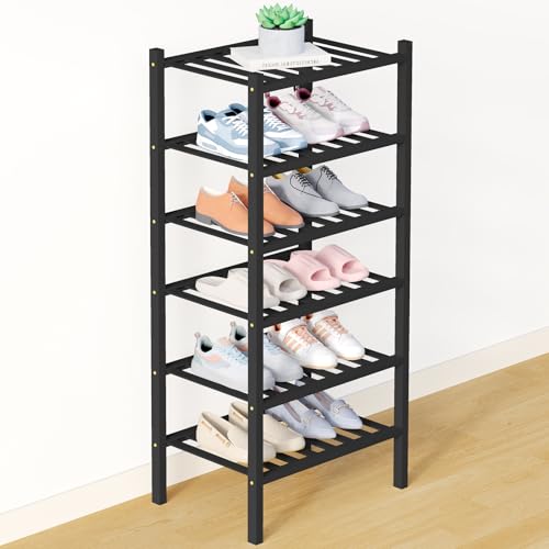 Smiry Bamboo Shoe Rack for Closet, 6 Tier - 17.32" Wide, Black | Stackable Wooden Shoe Organizer, Wood Shoe Storage Shelf for Entryway, 14 Vertical Slats, Reinforced Legs - color: Black, size: 6 Tier - 17.32" Wide
