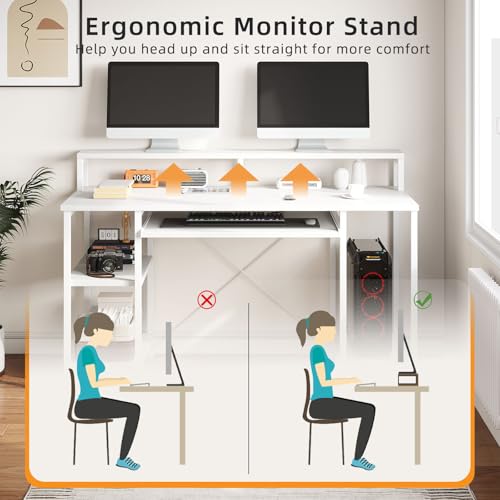 VERMESS 48 Inch Computer Desk, Home Office White With Keyboard Tray, Gaming With Full Monitor Stand, Storage Shelves & CPU Stand, Modern Study Writing Table Studio Work With Shelf - color: Pure White
