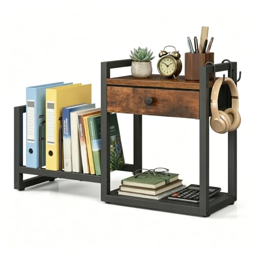 MAHANCRIS Desktop Shelf Organizer, 2-Tier Wooden Desk Bookshelf, Small Tabletop Book Shelf with Drawer and Hooks, Countertop Storage Rack for Home, Office, Dorm, Rustic Brown POHR2201 - color: Rustic Brown and Black