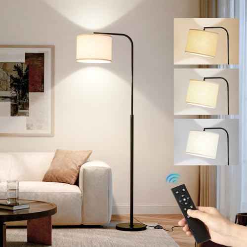 Arc Floor Lamp with Remote and Dimmable Black Floor lamps for Living Room | Modern Tall Standing Lamp for Bedroom Corner and Office wiht Adjustable Hanging Drum Shade Over Couch Arched Reading Light - color: Black