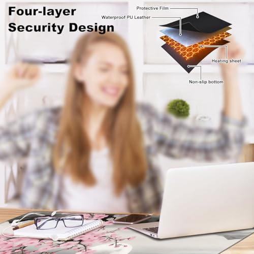 Heated Desk Pad 31.5" x 13" 3 Large Heated Mouse Pad with Heat Levels (40°C/45°C/50°C) & 3H Auto Shut-Off Desk Mat Fast Heating PU Leather Warmer Mousepad for Home Office - Cherry Blossom and Moon - color: Cherry Blossom and Moon, size: 31.5 x 13 inch