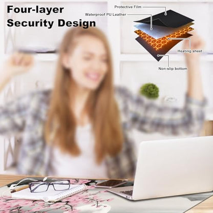 Heated Desk Pad 31.5" x 13" 3 Large Heated Mouse Pad with Heat Levels (40°C/45°C/50°C) & 3H Auto Shut-Off Desk Mat Fast Heating PU Leather Warmer Mousepad for Home Office - Cherry Blossom and Moon - color: Cherry Blossom and Moon, size: 31.5 x 13 inch