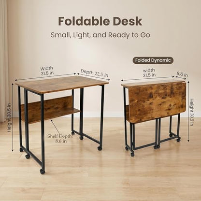 Mobile Foldable Desk w/Wheels and Feet Pads, Foldable Computer Desk, Folding Desk, Small Computer Desk for Small Spaces, Folding Table for Office Bedroom Living Room-Rustic Brown - color: Brown Folding Table