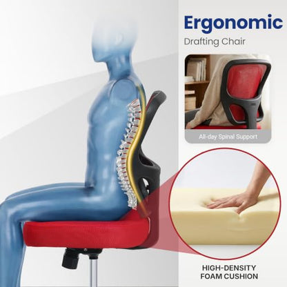 Armless Office Chair, Tall Ergonomic Chair for Standing Desk, Adjustable Height Mesh Computer Chair with Foot Ring & Wheels, Rolling Drafting Chair for Home Office - color: Red