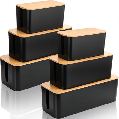 Novabright 6 Pack Cable Management Box 3 Sizes Cord Organizer Boxes with Bamboo Lids for Power Strip to Hide Wires, Flame Retardant ABS for Home & Office Desk Cable Concealer (Black) - color: Black