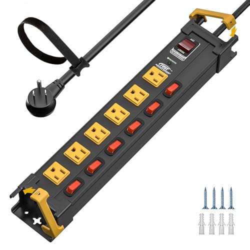 CRST 6-Outlet Metal Power Strip with Individual Switches 15A/1875W, 6FT | Wide-spaced for Bulky Plugs, 1020J Surge Protector Power Strip with Cable Management for Garage Home Office Workshop School - color: Black+Yellow, size: 6 Outlet+6FT