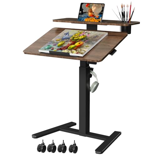 28" Mobile Standing Desk, Tiltable Top with 2-Tier Shelves, Walnut | Pneumatic Rolling Desk, Adjustable Height Computer Workstation, Sit Stand Portable Drafting Table & Laptop Cart on Wheels - color: Walnut, size: 28"