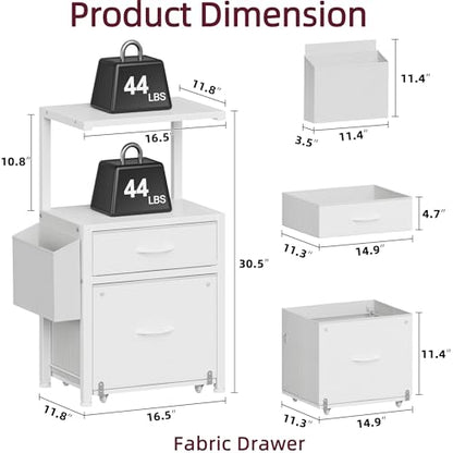HIGDBFE File Cabinet with 2 Fabric Drawers & Dual Shelves, White | 2-Tier Printer Storage, Letter File Drawer, Reversible Side Bag, Smooth Drawer Slides, Rolling Support Board Prevent Collapse - color: White