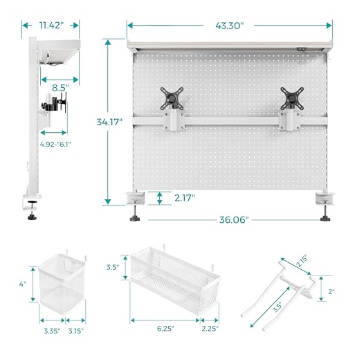 EUREKA ERGONOMIC Desk Pegboard with Dual Monitor Stands, LED Metal Pegboard for Gaming Desk, Privacy Panel with 4 Accessories Modular Hanging, Computer Accessories for Office, 43 x 34 Inch, White - color: White, size: 43 inch