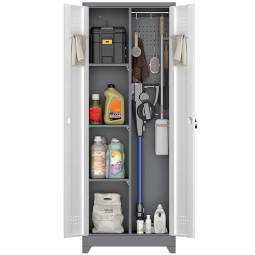 Metal Garage Storage Cabinets,Broom Closet Storage Cabinet with Doors and Shelves,Tall Utility Closet Cabinet with Pegboard,Laundry Cabinet for Garage,Warehouse,Home,Basement,Grey-White - size: 15.74"D x 23.62"W x 65"H-Grey/white