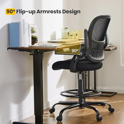 Sweetcrispy Tall Drafting Chair, High Office Desk Chair with Footrest | Comfy Lumbar Support, Counter Height Adjustable, Flip-up Arm, 360° Computer Rolling Stool, Black - color: Dark Black, size: 48.4 inches (H) x 24 inches (W) x 25.2 inches (D)
