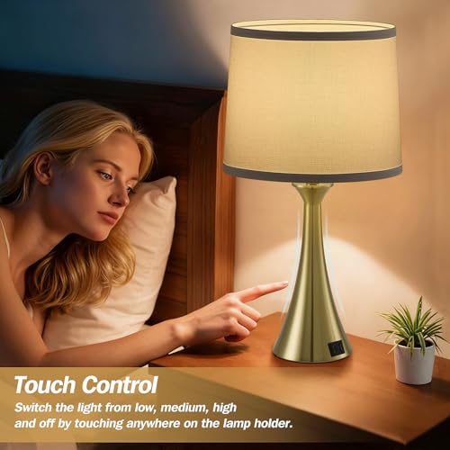 Touch Table Lamps Set of 2, 21" Bedside Lamps with USB C+A | 3 Way Dimmable Nightstand Lamps with Linen Shades, 2 LED Bulbs Included, Touch Lamp for Living Room, Bedroom and End Tables - color: Gold & White Shade