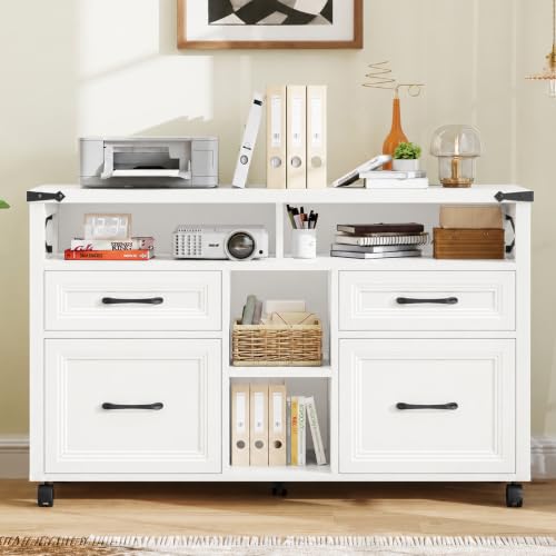 Halitaa Farmhouse Filing Cabinet with Adjustable Shelf & Wheels, White - color: Cream White, size: 4 Drawers&Wheels