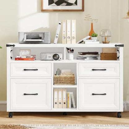 Halitaa Farmhouse Filing Cabinet with Adjustable Shelf & Wheels, White - color: Cream White, size: 4 Drawers&Wheels