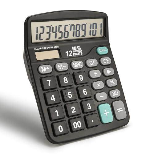 M&G Desk Calculator 12 Digit Office Calculators with Large LCD Display, Dual Solar Power and Battery, Recessed Big Button Calculator for Office Home (Black) - style: Basic