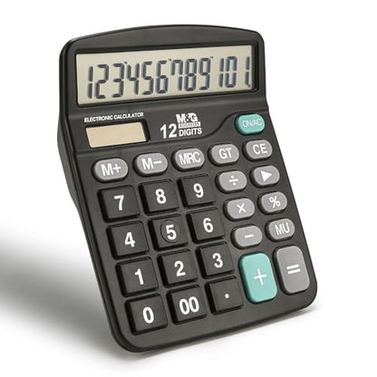 M&G Desk Calculator 12 Digit Office Calculators with Large LCD Display, Dual Solar Power and Battery, Recessed Big Button Calculator for Office Home (Black) - style: Basic