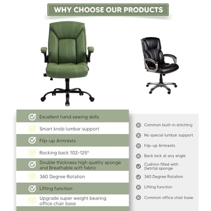 Executive Office Chair,Big and Tall Ergonomic Desk Chair with Adjustable Lumbar Support,Breathable PU Leather Computer Chair wih Flip-up Arms and Wheels,Green - color: Green