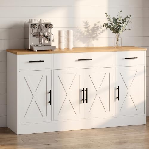 SUNLEI Buffet Cabinet with Storage, 53" Farmhouse Buffet Cabinet with 4 Doors and 3 Drawers, Sideboard Small Storage Cabinet with Adjustable Shelf, for Kitchen, Dining Room & Living Room, White&Yellow - color: White, size: 53.4 inch